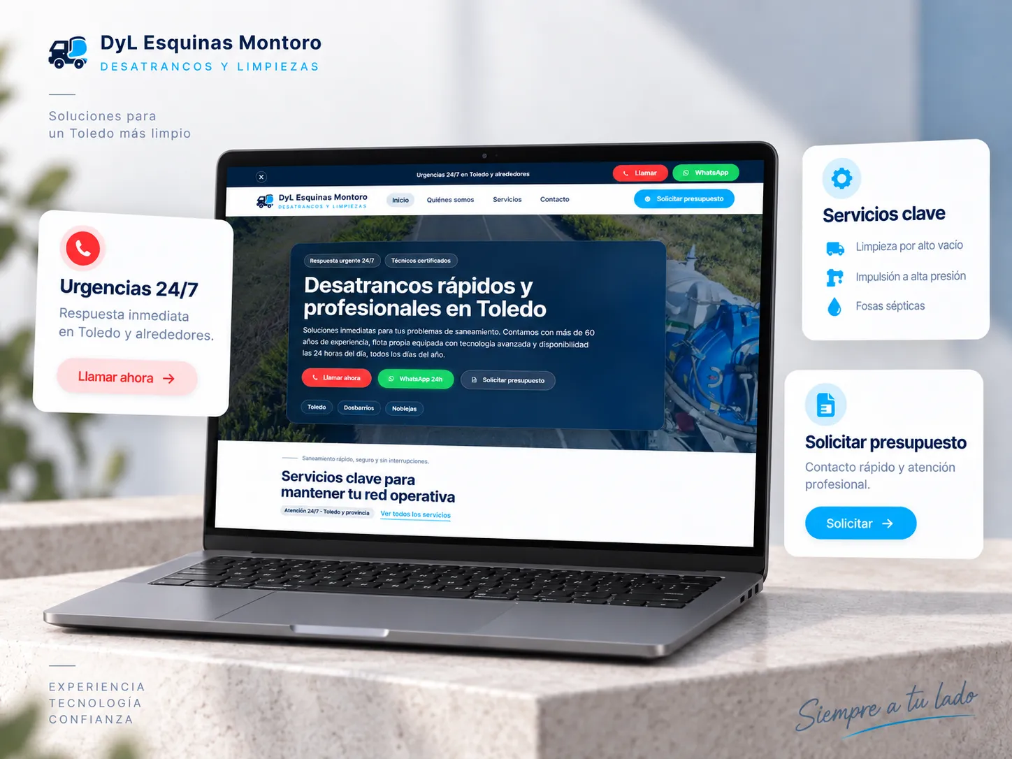 Web corporativa de DyL Esquinas Montoro en un portátil con sus servicios y opciones de contacto
