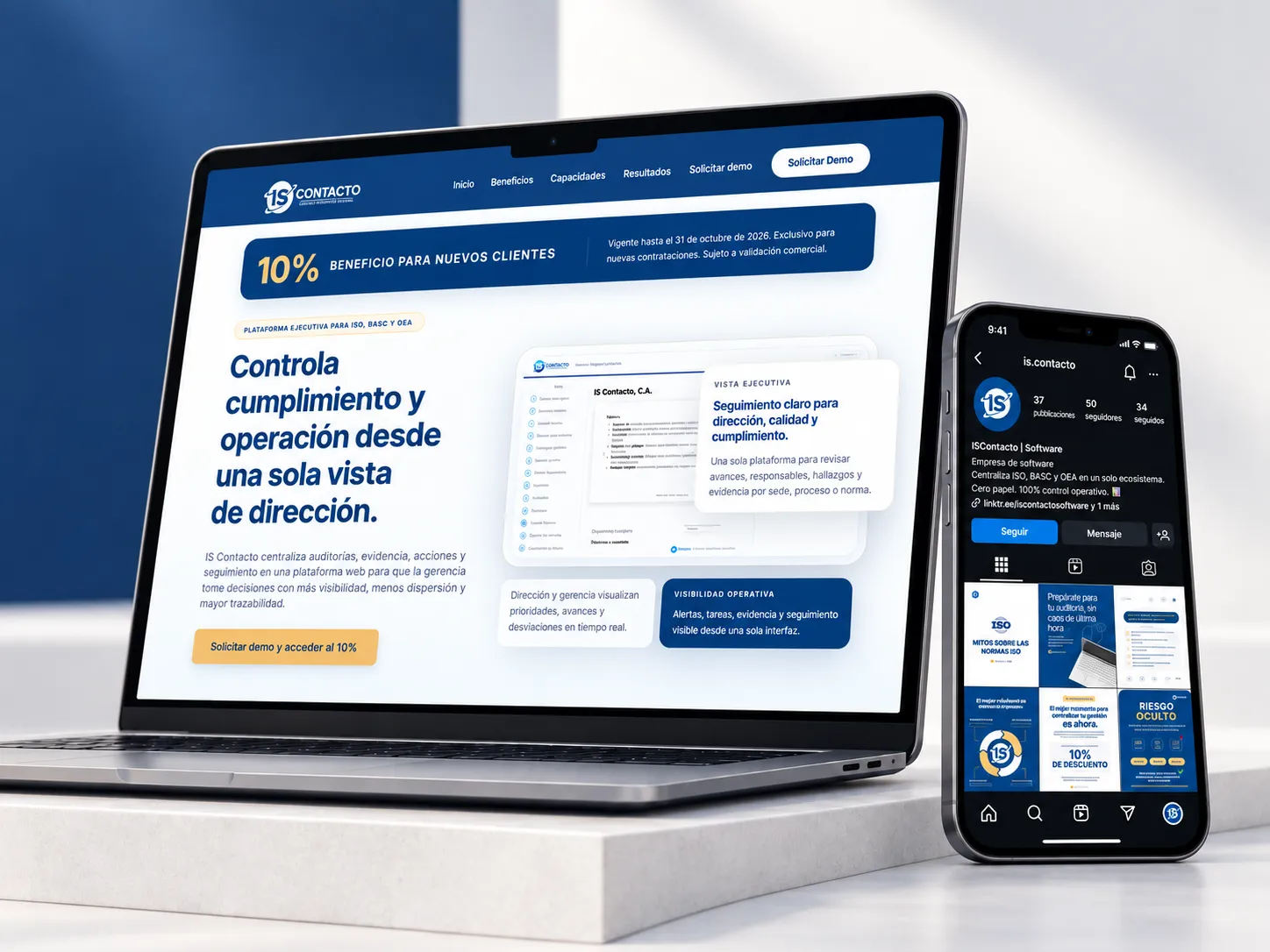 Web de IS Contacto en un portátil y perfil de redes sociales en un móvil
